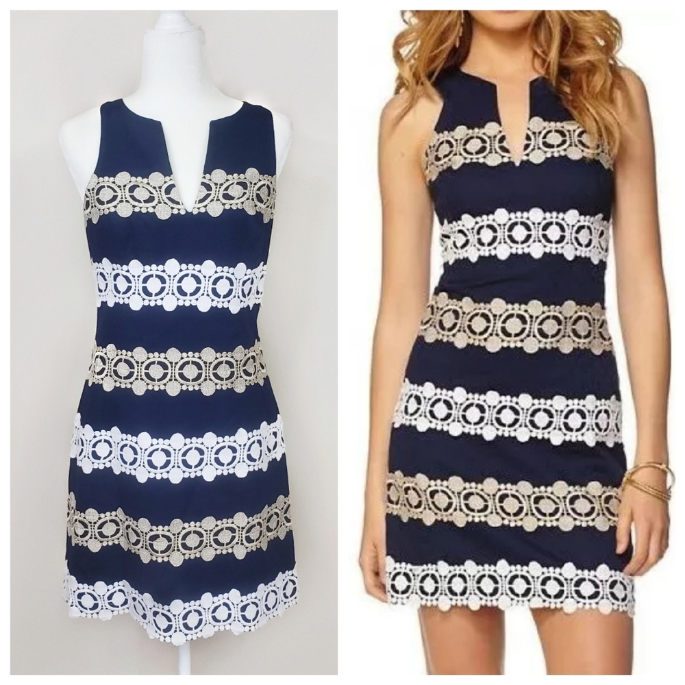 Lilly Pulitzer Augusta Navy Gold White Lace Dress